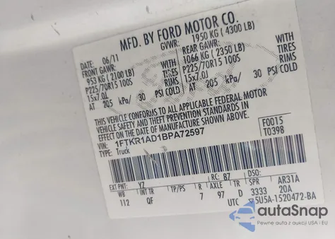 2011 Ford Ranger z USA, uszkodzony, nr VIN 1FTKR1AD1BPA72597